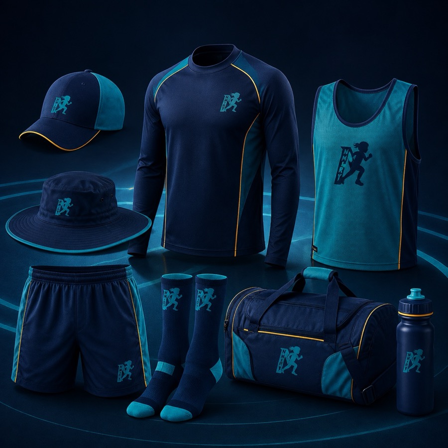 Custom cricket cap, wide-brim hat, training top, shorts, bib, socks, kit bag and drink bottle