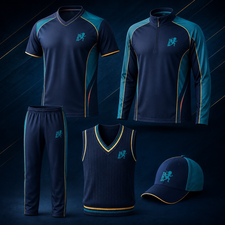 Custom cricket jersey designs with long-sleeve top, short-sleeve shirt, trousers, sweater vest and club cap
