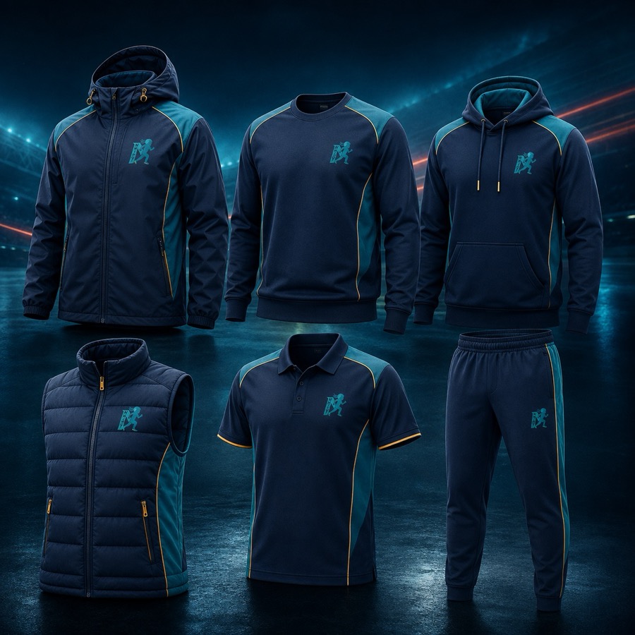 Cricket club jacket, jumper, hoodie, padded vest, travel polo and track pants design samples
